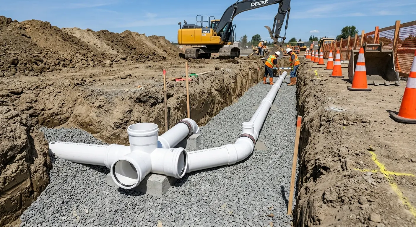 New PVC sewer pipe installation in open trench for Sewer Backup in Old Town