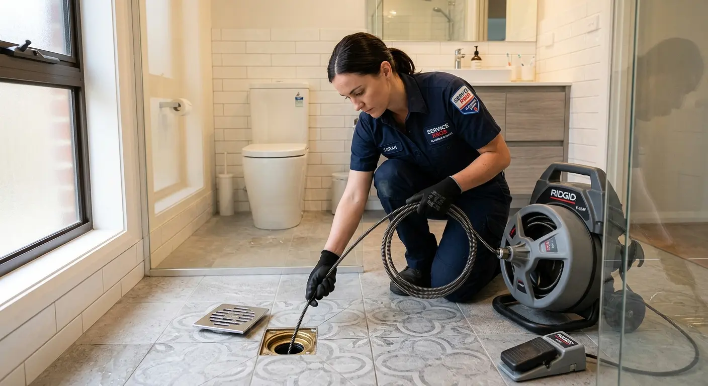 Technician clearing a bathroom floor drain for Sewer Line Replacement in Old Town